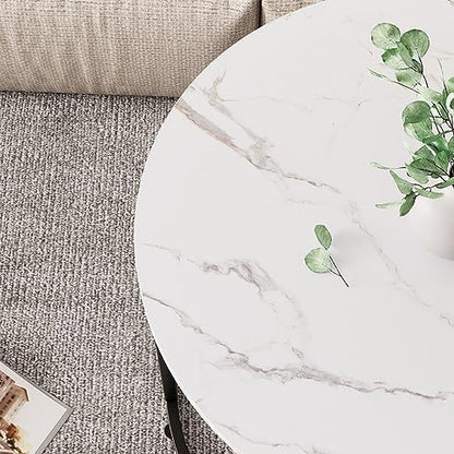 aboxoo Round Nesting Coffee Table Side Table Set of 2 End Tables for Living Room Bedroom Balcony, White Faux Marble Wooden Table Accent Coffee Table with Black Steel Frame