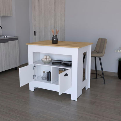 Kitchen Island Geneva, White/Macadamia with Spacious Workspace and Ample | 40.5" x 27.5" Macadamia countertop with ample storage and engineered wood frame