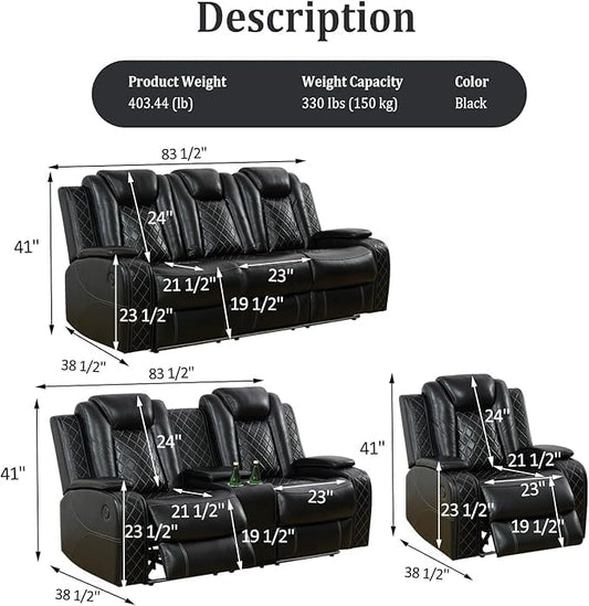 Power Recliner Set with LED Lights, Air Leather Reclining Set with USB Port/Wireless Charger/Storage Console/Cup Holder for House/HomeTheater/Apt (Black, Sofa Loveseat Chair)