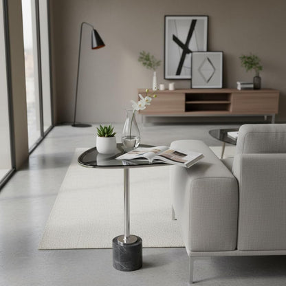 Modern Day Accents 3741 Moderna End Table, Marble and Glass Side Table with Polished Aluminum Frame, Egg-Shaped Smoked Glass Top, Entry Table, Black Marble, Contemporary End Tables, 22.25" H