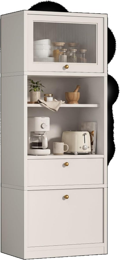 71" Freestanding Kitchen Pantry Cabinet Tall Food Pantries w/Doors&Cabinets for Dining Room, Modern Kitchenware Server Utility Organizer w/Adjustable Shelves,Microwave Stand & Open Countertop for Home