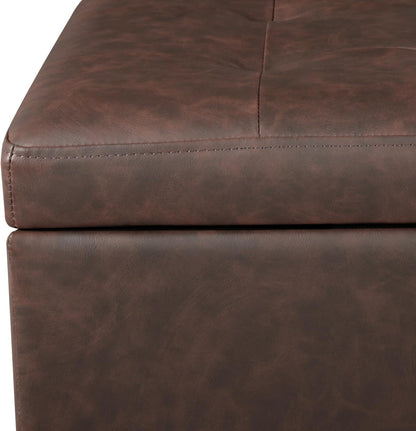 Adeco 16.7" H Brown Leather Storage Ottoman with 360 Caster Wheels, Square Foot Stool with Decorative Bronze Thumb Tacks & 330 LB Load Capacity, Modern Ottoman for Living Room, Bedroom, Entryway