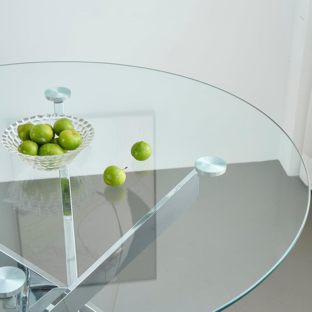 Modern Dining Table for 4-6 People, 47" Round Dining Table with Silver Chrome Metal X-Base, Circle Tempered Glass Dining Room Table, Small Kitchen Dining Room Tables Dinner Tables