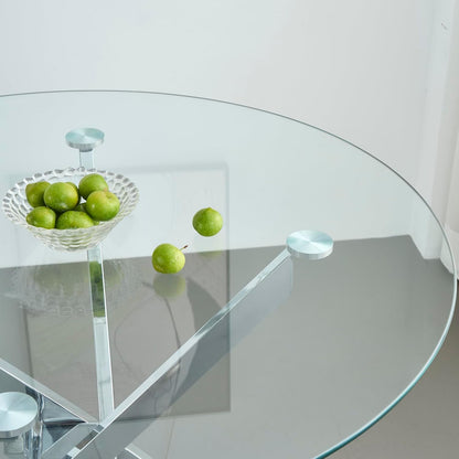 Modern Dining Table for 4-6 People, 47" Round Dining Table with Silver Chrome Metal X-Base, Circle Tempered Glass Dining Room Table, Small Kitchen Dining Room Tables Dinner Tables