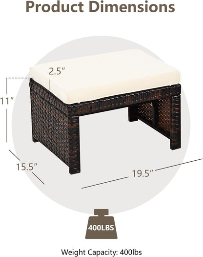 HAPPYGRILL 2 Piece Outdoor Wicker Ottomans, Patio Rattan Footstool with Cushions, Solid Steel Frame, Multifunctional Ottomans for Poolside Backyard Balcony