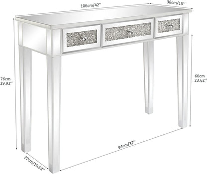 VINGLI Silver Mirrored Vanity Desk, Makeup Vanity Desk, Glass Desk with 3 Drawers, Glass Vanity for Women Girls Bedroom, Makeup Room & Office Writing Desk