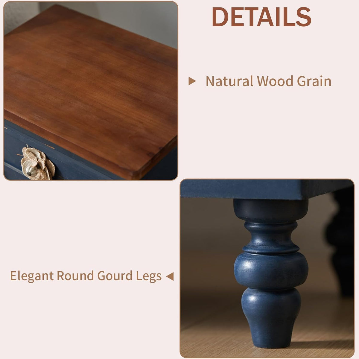 Vintage Farmhouse End Table with Floral Knobs – 19" Rustic Nightstand with 3 Drawers and Gourd Legs,Bedside or Sofa Accent Table, Almost Fully Assembled (Antique Blue)