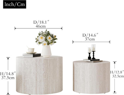 2-Piece Round Nesting Coffee Table Set with Travertine Texture, Modern Stackable Side Table for Small Spaces, Waterproof Anti-Scratch Accent Table for Living Room Bedroom Balcony