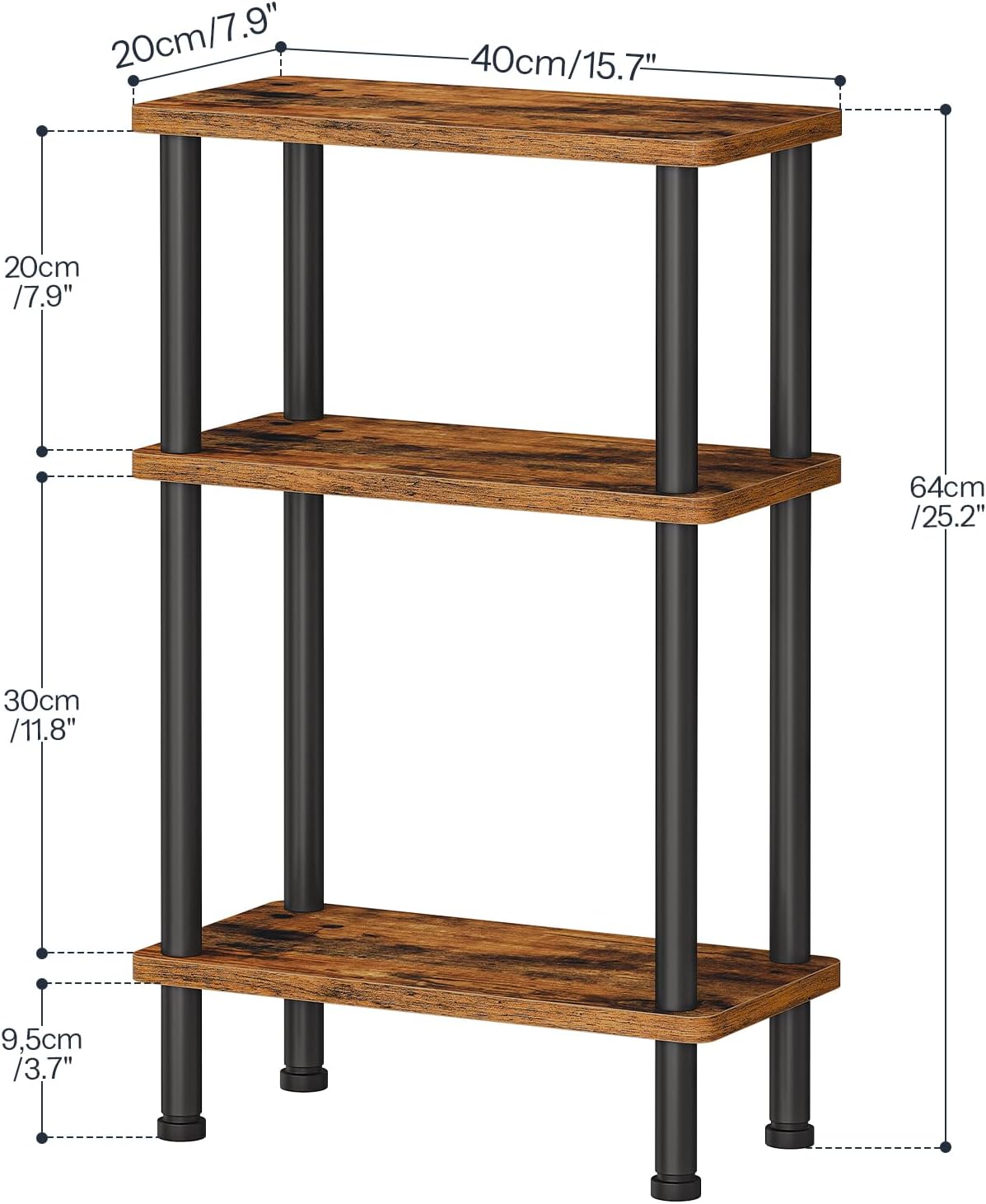 HOOBRO Narrow Side Table, 3-Tier Slim End Table No Tools Needed, Twist-On Assembly, Skinny Nightstand Sofa Storage Shelf for Living Room, Bedroom, Study, Rustic Brown and Black BF246BZ01N1