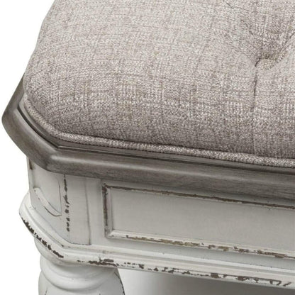 Starlight Canyon Home Antique White Bedroom Bench with Storage Shelf, Upholstered End of Bed Bench with Faceted Legs and Ivory Tweed Seat for Elegant Comfort