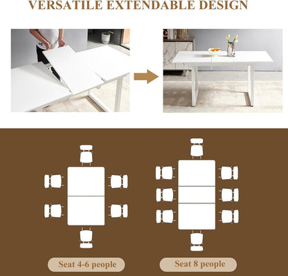 Extendable Dining Table for 4-8 Person, Extendable from 55" to 71", Modern Rectangle Dining Table with MDF Tabletop and Metal Frame, Expanding Kitchen Table for Home, Office (White)