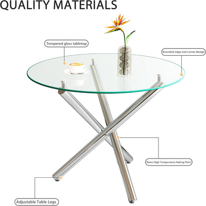 3-Piece Round Glass Dining Table Set for 2, 36" Small Kitchen Table with 2 Velvet Tufted Chairs Modern Silver Glass Dining Room Table Set for Home Kitchen Living Room