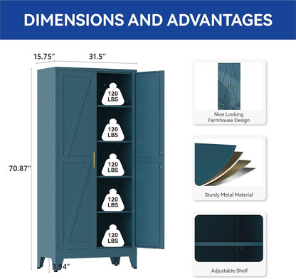 COFaR 71'' Tall Metal Storage Cabinet, Farmhouse Kitchen Pantry Cabinet with Doors and 4 Adjustable Shelves, Metal Pantry Storage Cabinets for Kitchen, Laundry, Peacock Blue 5-Tier