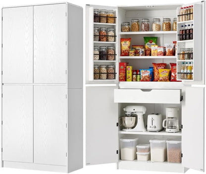 72" Tall Farmhouse Kitchen Pantry Cabinet, Curved Storage Cabinet with 3 Adjustable Shelves, 8 Door Shelves & Hidden Drawer for Kitchen Dining Bathroom (White)