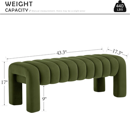 43.3” Dining Room Bench, Olive Green Tufted Upholstered End of Bed Bench, Modern Entryway Ottoman Window Seat with Solid Wood Legs and Padded Seat for Bedroom, Hallway and Living Room (Velvet)