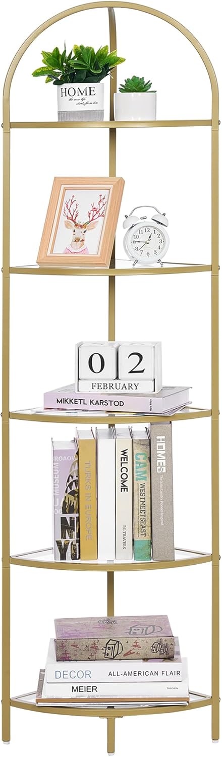 Homhedy 5-Tier Corner Shelf Stand, Metal Corner Bookshelf, Tempered Glass Shelves, Bathroom Storage Rack Shelf, Plant Stand, Modern Style, Golden