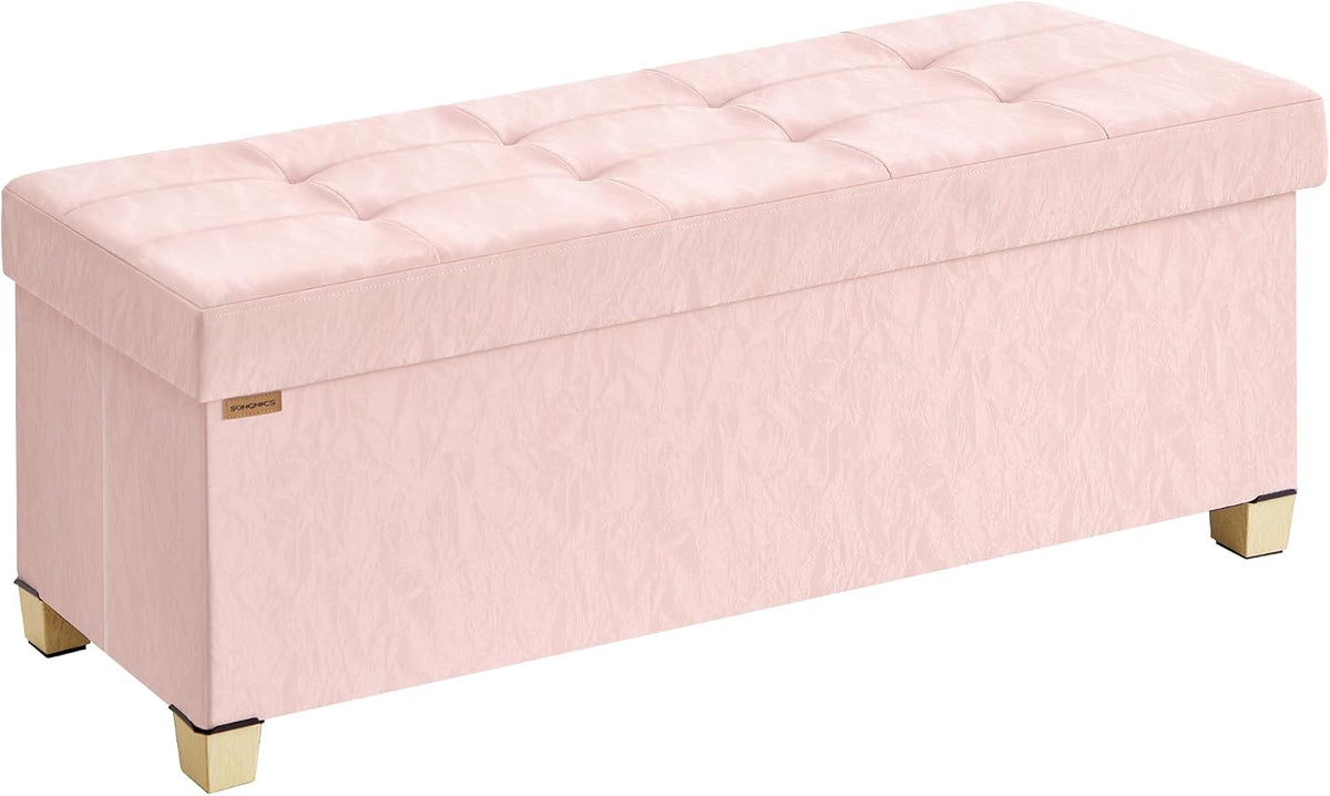 SONGMICS Storage Ottoman Bench, PU Leather Foldable Footrest, Padded Seat | Chest for Bedroom, 43.3 x 15 x 15.7 inches, Jelly Pink, MINOTA Collection ULSF524SA01