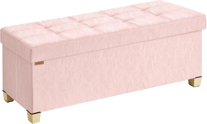 SONGMICS Storage Ottoman Bench, PU Leather Foldable Footrest, Padded Seat | Chest for Bedroom, 43.3 x 15 x 15.7 inches, Jelly Pink, MINOTA Collection ULSF524SA01