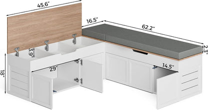 Kikihouse L-Shaped Corner Storage Bench with Cushion, Backless Wood Bench with Hidden Storage, for Dining Nook, Kitchen, Entryway, Cloakroom (Bench+Light Gray Cushion)