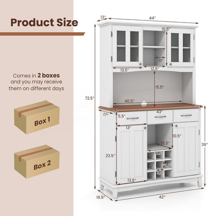 Moccha Kitchen Hutch with Storage, Farmhouse Buffet Cabinet Cupboard with Glass Doors, Drawers, Wine Rack, Adjustable Shelves, Pantry Storage Cabinet Sideboard for Living Room, Dining Room, White