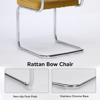 Rattan Dining Chairs Set of 4, Mid Century Kitchen Chairs with Natural Mesh Rattan Backrest & Metal Chrome Legs, Cesca Design Velvet Dining Room Chairs for Kitchen, Gold Yellow(Chair Only)