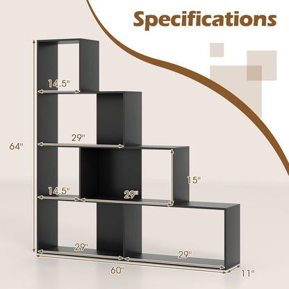 Tangkula 4-Tier Stepped Bookshelf, Freestanding 6 Cubes Ladder Bookcase with Anti-Tipping Kits, 64" Tall Modern Wooden Storage Display Rack for Home Office Living Room Study (1, Black)