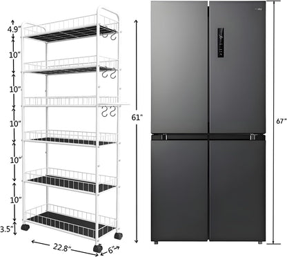 10in 6 Tier Slim Storage Cart with Wheels, Narrow Space Rolling Shelving Unit with Handle, Metal Wire Mobile Organizer Rack for Kitchen Bathroom Office Laundry