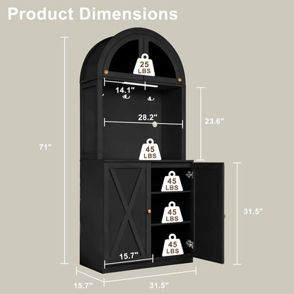 71" Tall Arched Kitchen Pantry Cabinet, Farmhouse Storage Cabinet with LED Light, Adjustable Shelves & Glass Door, Versatile Cupboard for Kitchen, Dining Room, Bathroom