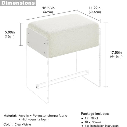Vanity Stool Chair, Soft Ottoman with Clear Acrylic Legs, Modern Padded Seat Footstool for Entryway, Hallways, Bedrooms and Living Room (White)