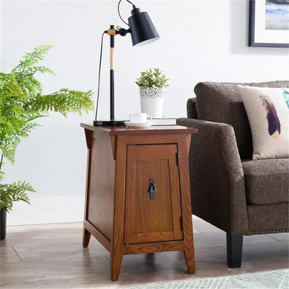 MAKLAINE Mission Cabinet Wood End Table, 24" H x 15" W x 24" D, Solid Ash Top with Oak Veneers, Hand Applied Russet Brown Finish, Concealed Storage Cabinet with Shelf, Living Room Furniture
