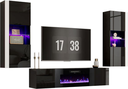 AMERLIFE Wall Unit Entertainment Center with 40" Electric Fireplace, Includes 80" Floating Fireplace TV Stand, 2 x Wall Cabinets, Modern LED Light Media Console Table for Living Room, Black