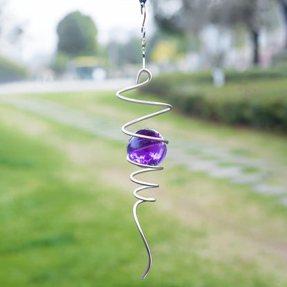 Gazing Ball Spiral Tail Wind Spinner Stabilizer, Garden Decorations Stainless Steel Metal with Hook & Purple Crystal Glass Orb Outdoor Hanging Decor Kinetic Yard 3D Swivel Art Sun Catchers