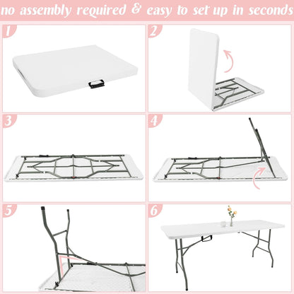 Fivenl 2 Pack 6 Feet Portable Folding Table White, Steel Legs Fold-in-Half with Carrying Handle Rectangular Plastic Foldable Table for Party, Wedding, Camping, Picnic, Dining, Indoor Outdoor Events