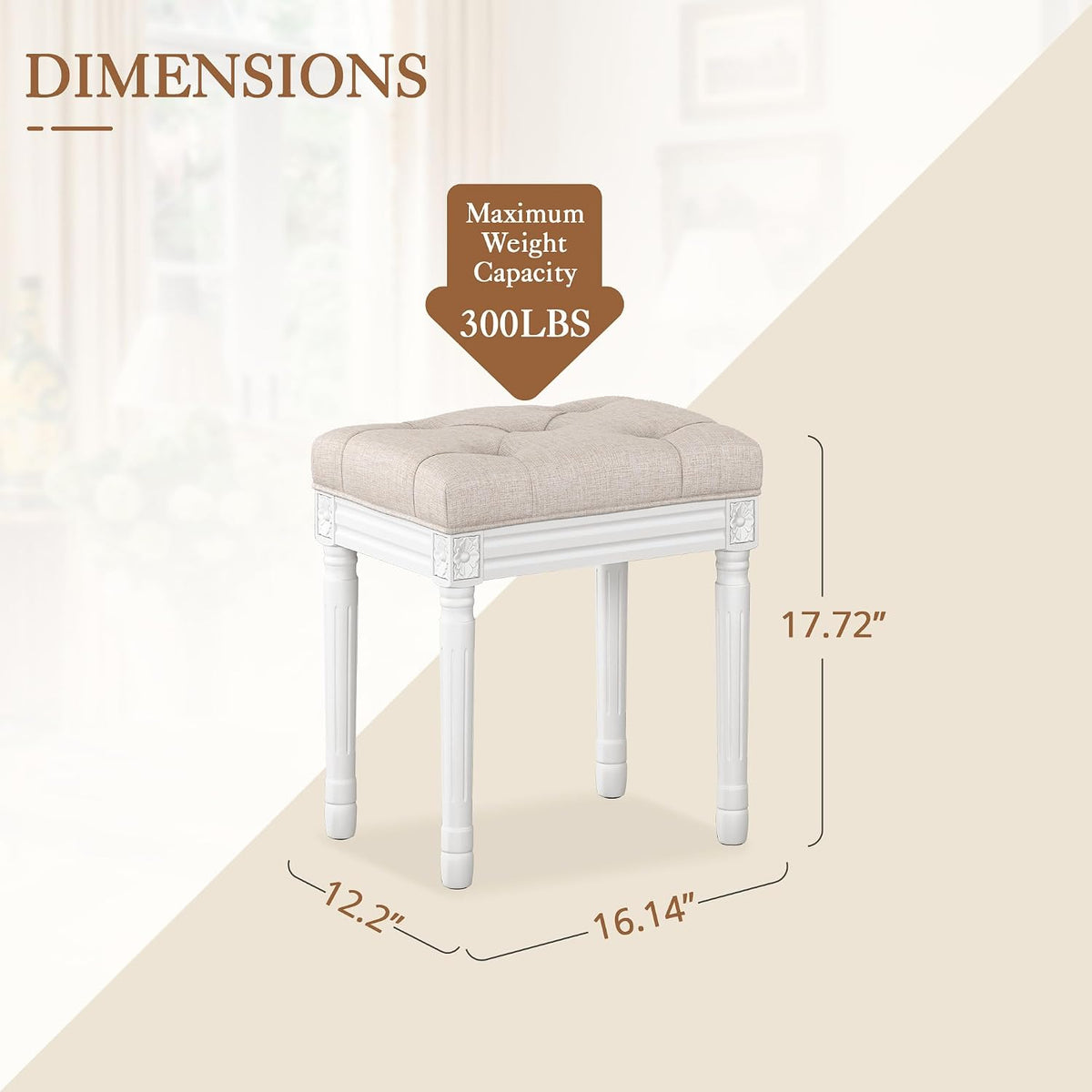 LUE BONA Upholstered Fabric Vanity Bench Seat, Makeup Stools for Vanity, Square Tufted Ottoman Bench with Carved White Legs for Bedroom Living Room, Linen Color