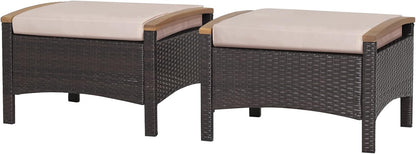 RELAX4LIFE Outdoor Wicker Ottomans for Patio - 2 Pieces PE Rattan Ottoman, Footrest Seat with Zippered Cushions, Acacia Wood Handles, 3-in-1 Footstool, Side Table for Poolside, Backyard (Brown)