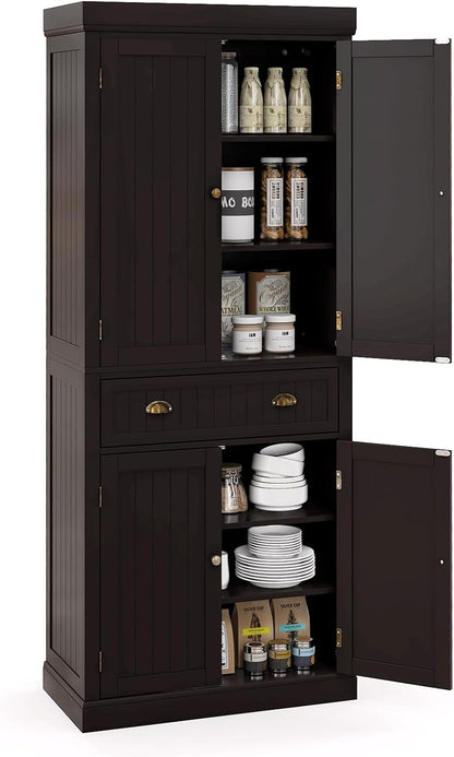 72" Kitchen Pantry Cabinet, Kitchen Cupboard with 2 Double-Doors Cabinet, Large Drawer, 4 Adjustable Shelves, Traditional Tall Storage Cabinets for Dining Room, Bathroom, Brown
