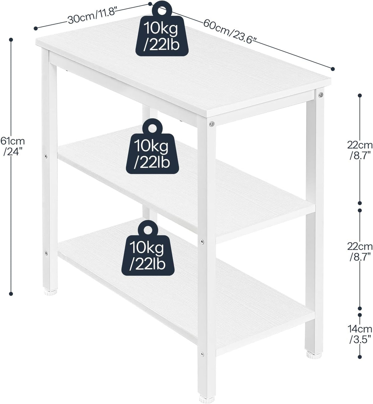 HOOBRO End Table, Simple Rustic Side Table with 3-Tier Storage Shelf, Narrow Nightstand for Small Spaces, Easy Assembly, for Living Room, Bedroom, Industrial Design, White WT14BZ01