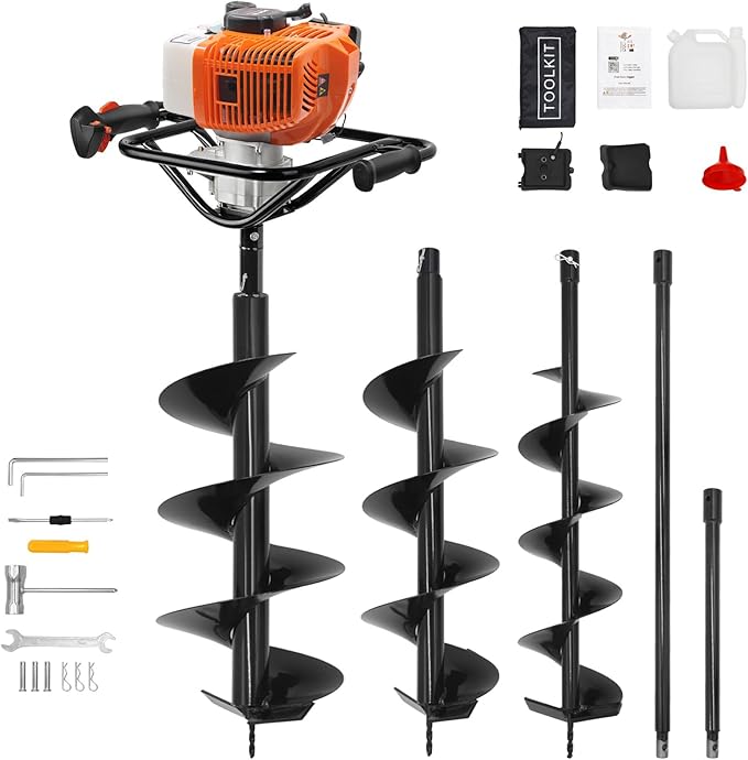 62cc 2-Stroke Auger Post Hole Digger with 2 Extension Rods & 6" & 8" Auger Bits - Gas Powered Earth Auger for Fencing, Gardening, Construction - Heavy Duty Digging Machine (62cc+2 Auger Bit(6"8"))