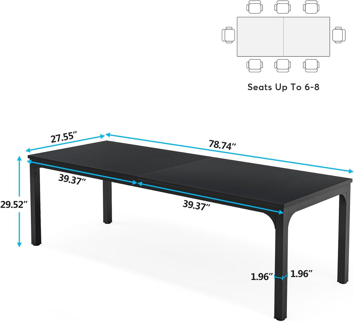 Tribesigns 78.7 Inches Long Dining Table for 6-8 Person, Large Industrial Rectangle Wood Dining Table, Rustic Narrow Dinner Table with Heavy Duty Metal Legs (Only Table) (Black)
