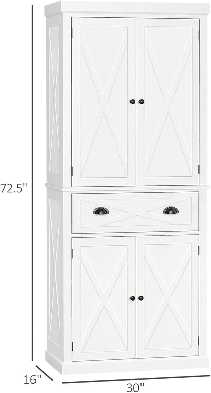 HOMCOM 72" Kitchen Pantry Storage Cabinet, Traditional Freestanding Pantry Cabinet with 4 Doors and 2 Adjustable Shelves, Large Central Drawer, X-Frame, White