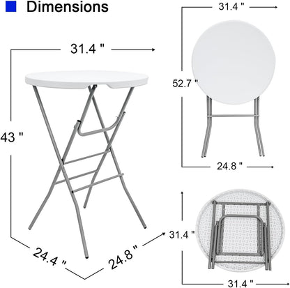 2 PCS - 31.5" L X 31.5" W X 43" H - Cocktail Table White High Top Folding Table, Portable Bar Height Folding Table Round with Detachable Gray Legs