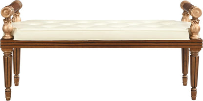 Christopher Knight Home Yae Luxurious PU Leather Upholstered End of Bed Ottoman, Wooden Living Room Ottoman Bench with Fluted Legs/Cylindrical Arm, Long Entryway Bench with Button Tufting, Brown+Beige