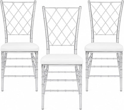 FOHFurniture Set of 3 Clear Acrylic Chiavari Chairs with Cushions, Fully Assembled Transparent Crystal Dining Chair, Accent Event Ghost Chairs for Wedding Event Reception (Clear(Grid))