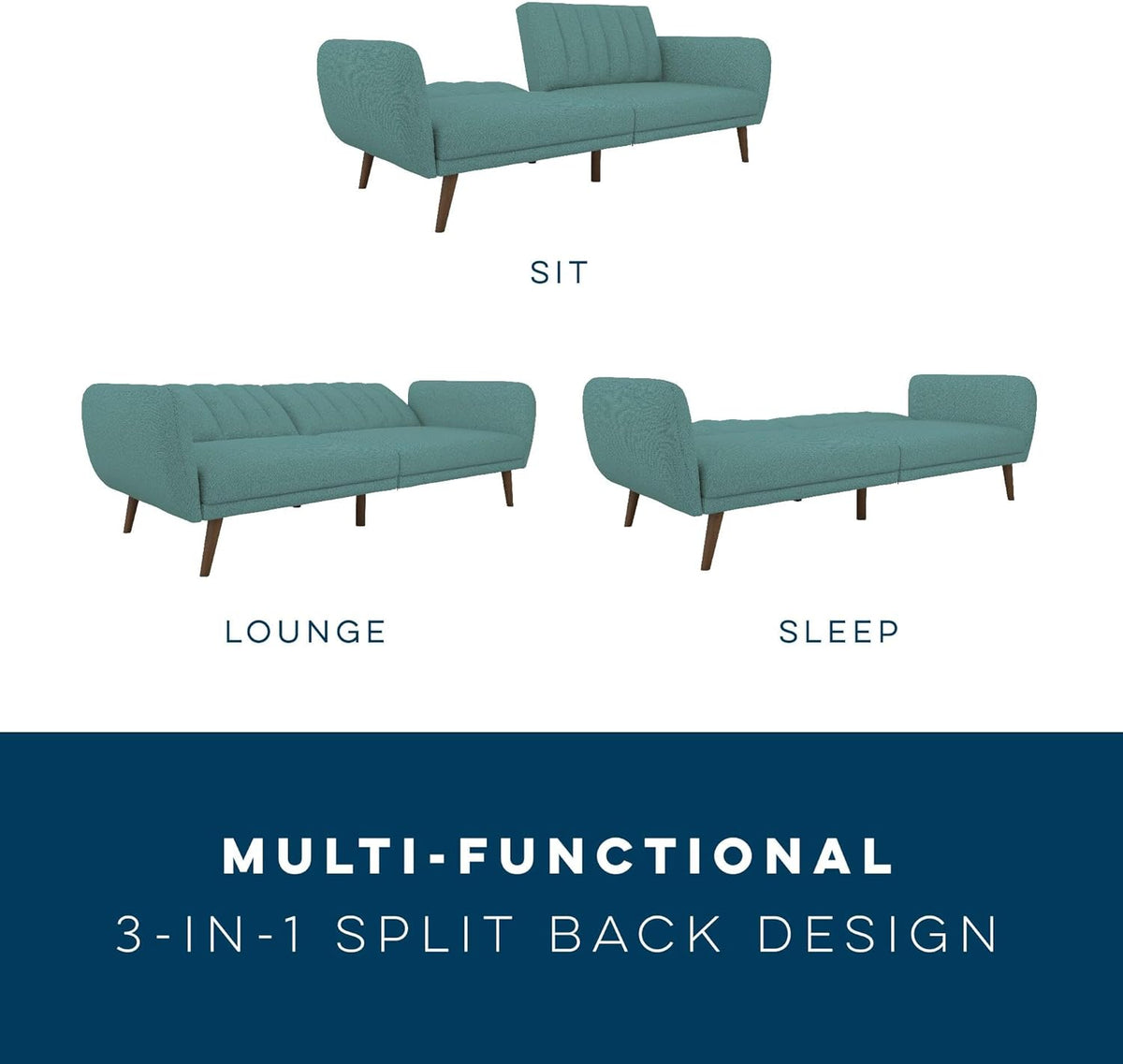 Novogratz Brittany 82 Inch Futon Sofa Bed in Faux Leather, Upholstered Couch Sleeper with Tufted Back, Mid-Century Modern Design, Teal