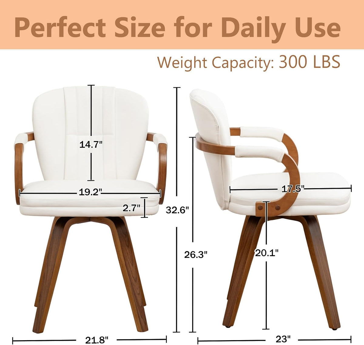 Swivel Dining Chairs Set of 2 Mid Century Modern White Faux Leather Upholstered Kitchen Chairs with Bentwood Frame Armrests Side Chairs,Comfortable Ergonomic Wood Accent Chair No Wheels