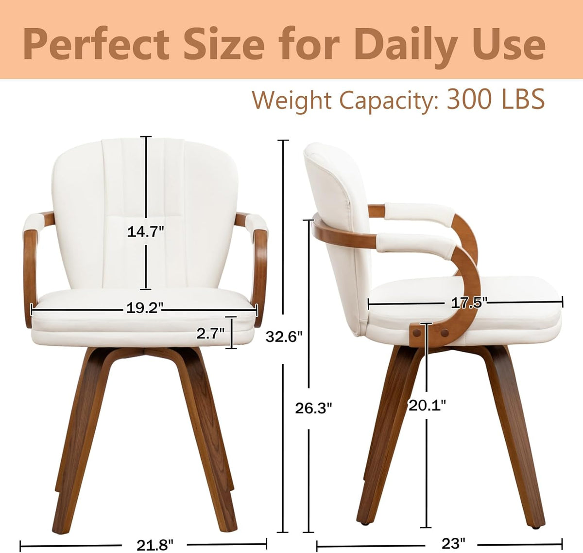Swivel Dining Chairs Set of 4 Mid Century Modern White Faux Leather Upholstered Kitchen Chairs with Bentwood Frame Armrests Side Chairs,Comfortable Ergonomic Wood Accent Chair No Wheels