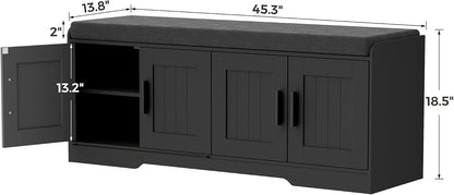 Homleke Shoe Storage Bench, 4 Doors & Thickened Padded Seat Cushion | 2-Tier Shoe Bench, Entryway Bench, Adjustable Shelf, 13.8" D x 45.3" W x 18.5" H, for Living Room, Bedroom, Black