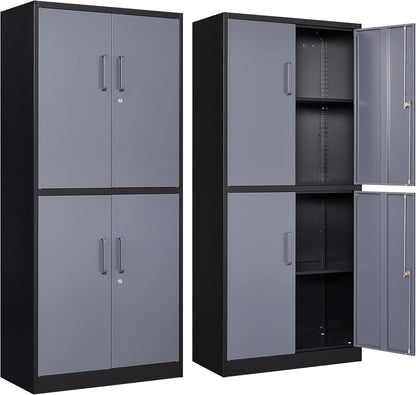 Yizosh Metal Storage Locking Cabinet with 4 Doors and 2 Adjustable Shelves,71" Lockable Garage Tall Steel Cabinet,for Home Office,Living Room,Pantry,Gym,Commercial Storage (Gray Black)