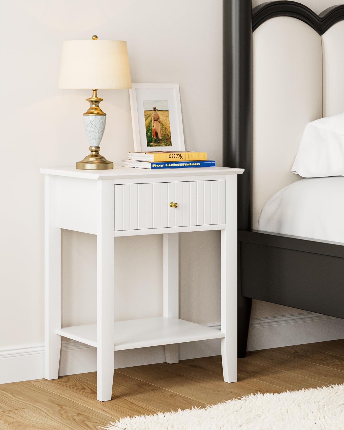Fluted Nightstand, Farmhouse Night Stand with 1 Drawers, Mid Century Modern Side Accent Table,Bedside End Table for Bedroom, Living Room, White