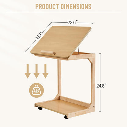 Uniclinens Rolling Side Table Desk Sofa - C Shape Couch End Table with Wheels, Mobile Wooden Slim Sofa Tray, Movable Small Couch Desk for Living Room Bedroom, Natural
